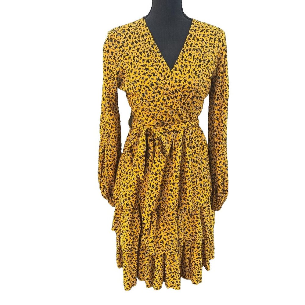 Boho Tiered Midi Dress Womens S Yellow Floral Tie Waist Long Sleeve Flowy